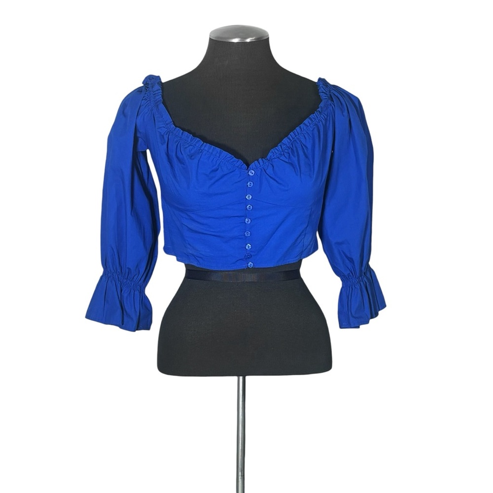 🆕 Zara - Blue Poplin Off Shoulder Button Front Crop Top – Medium